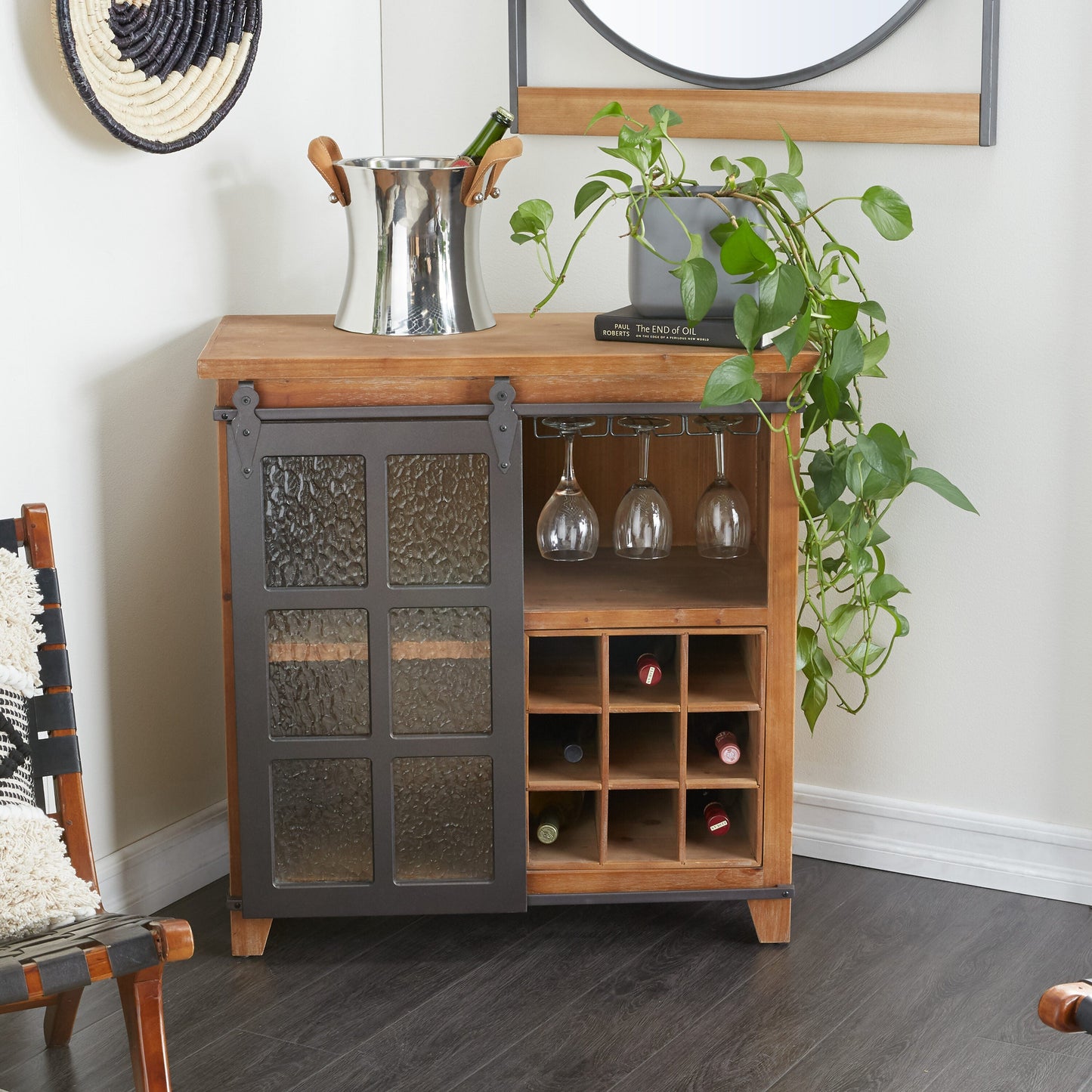 Grayson Lane 31.5-in x 32.5-in Pine Brown Rectangle Bar Cabinet