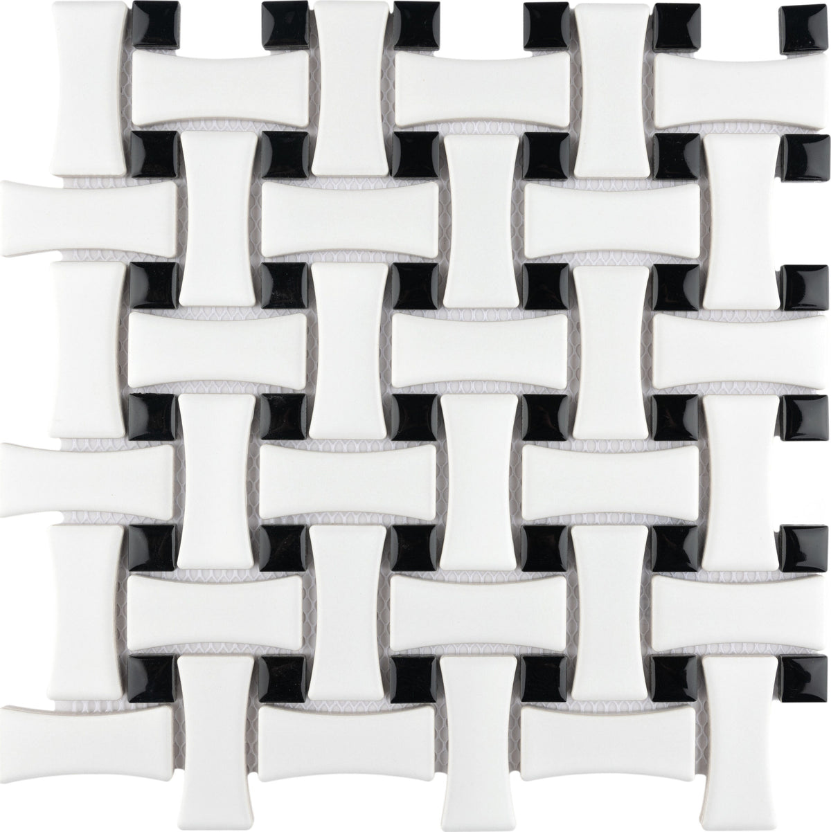Affinity Tile Metro Dog Bone Basketweave Matte White with Glossy Black Dot 10-in x 10-in Multi-finish Porcelain Mosaic Floor and Wall Tile product image