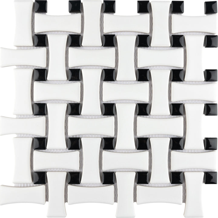 Affinity Tile Metro Dog Bone Basketweave Matte White with Glossy Black Dot 10-in x 10-in Multi-finish Porcelain Mosaic Floor and Wall Tile product image