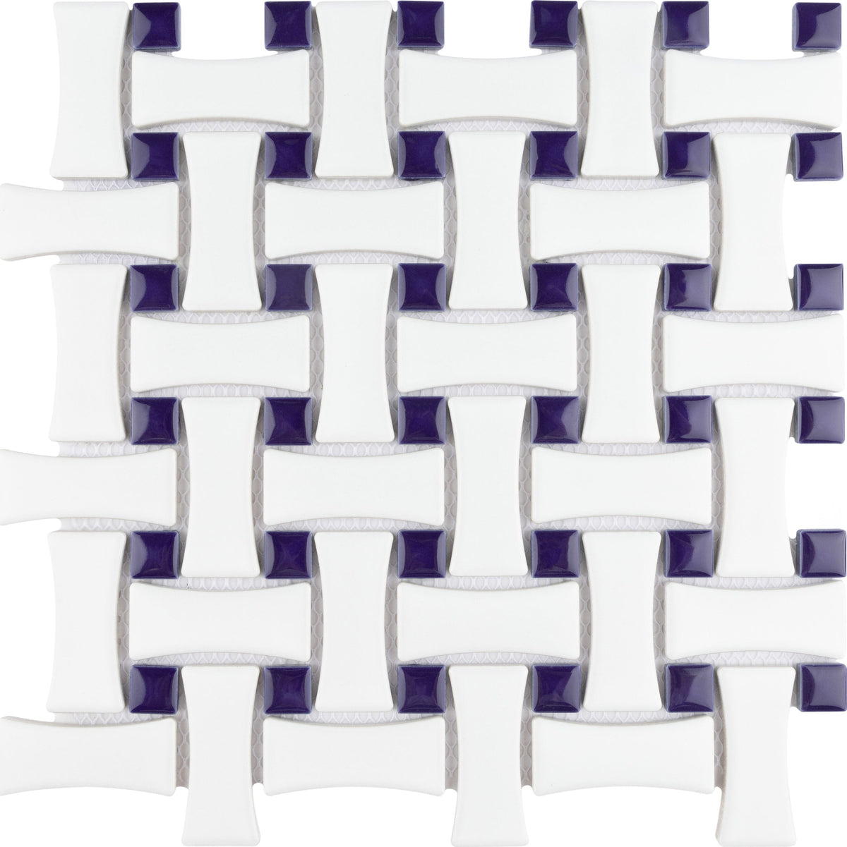Affinity Tile Metro Dog Bone Basketweave White with Cobalt Dot 10-in x 10-in Glazed Porcelain Mosaic Floor and Wall Tile product image