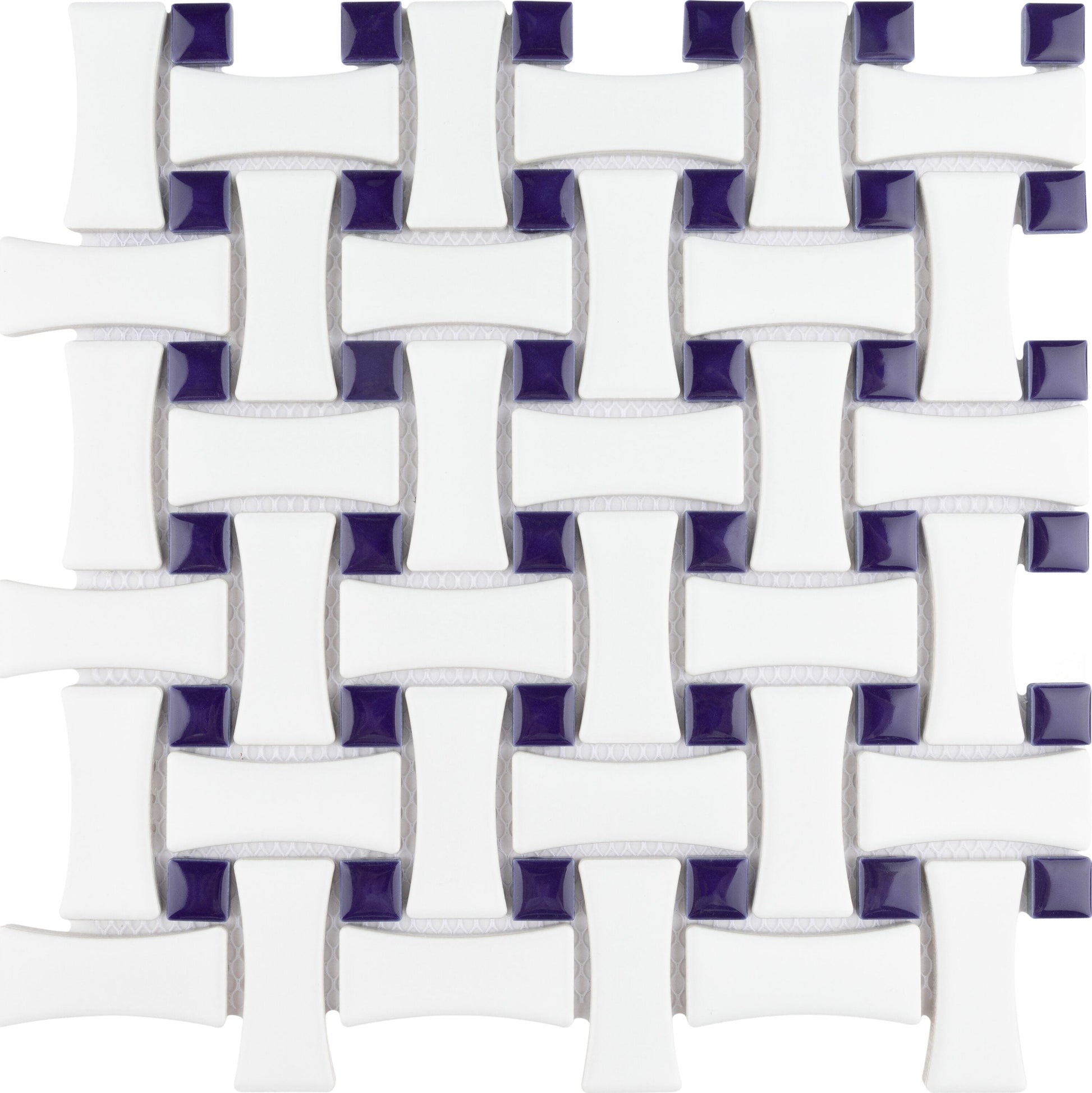 Affinity Tile Metro Dog Bone Basketweave White with Cobalt Dot 10-in x 10-in Glazed Porcelain Mosaic Floor and Wall Tile product image