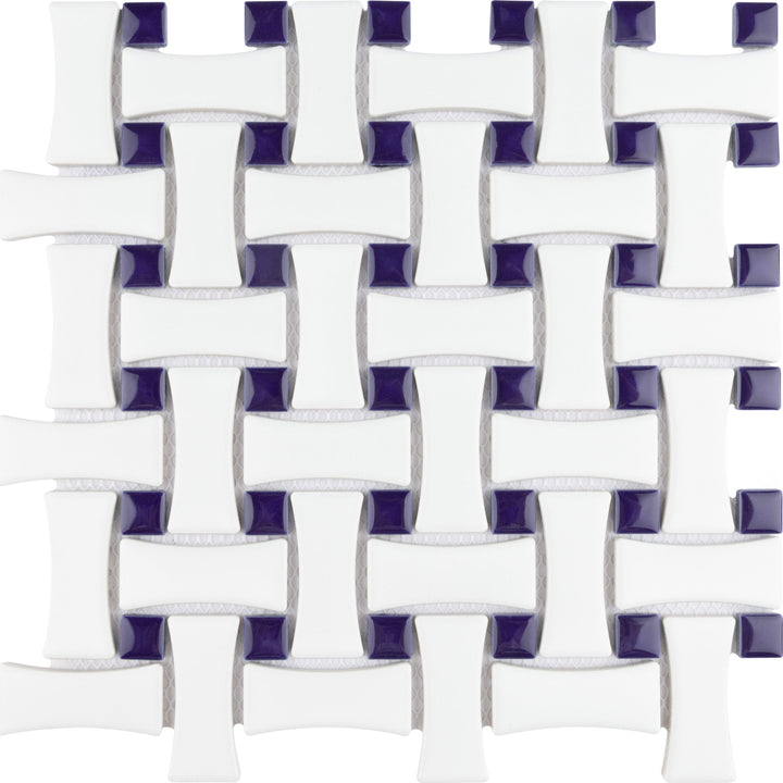 Affinity Tile Metro Dog Bone Basketweave White with Cobalt Dot 10-in x 10-in Glazed Porcelain Mosaic Floor and Wall Tile product image