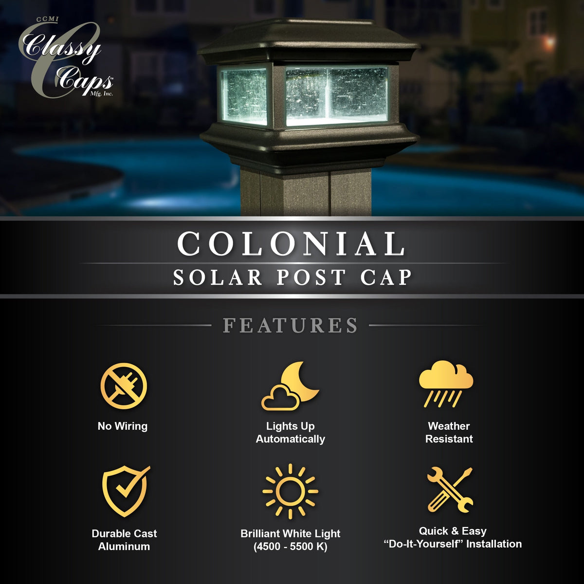 Classy Caps 4-in x 4-in 5-Lumen 1-Watt Black Solar LED Outdoor Post Cap Light (5000 K)