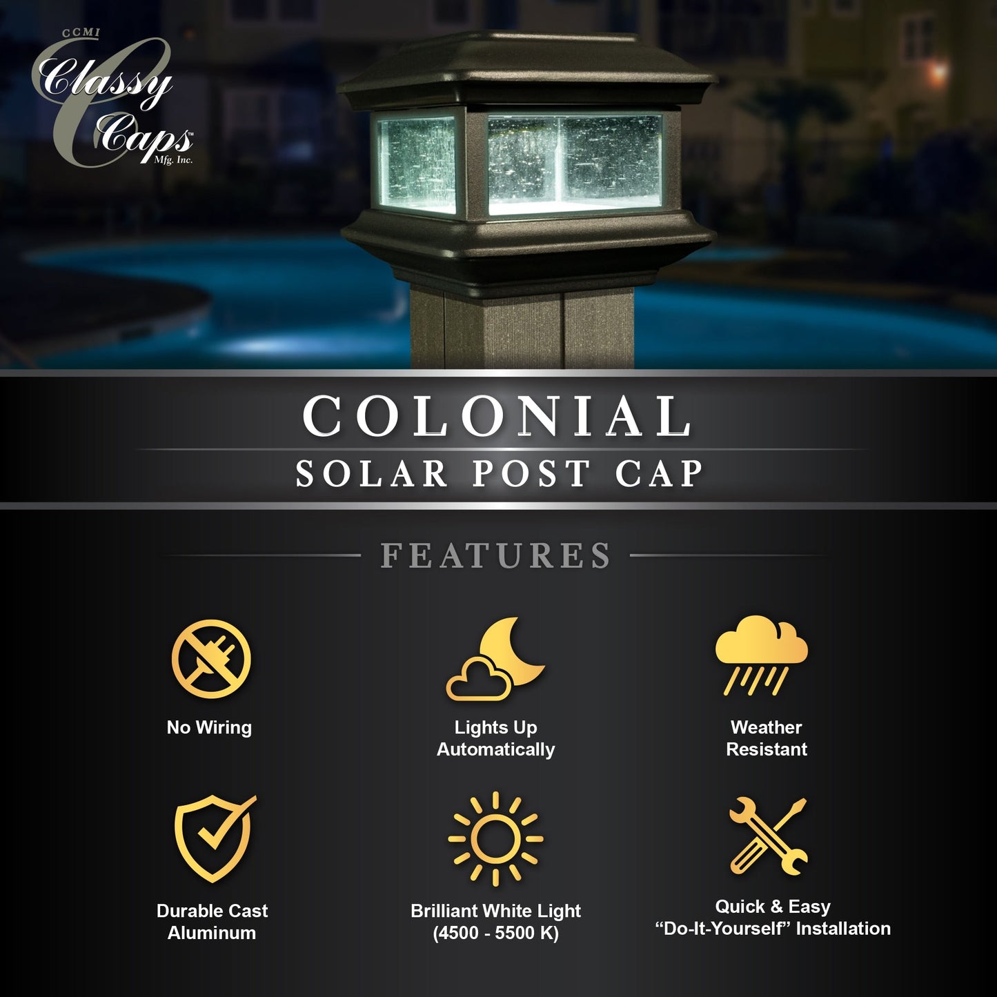 Classy Caps 4-in x 4-in 5-Lumen 1-Watt Black Solar LED Outdoor Post Cap Light (5000 K)