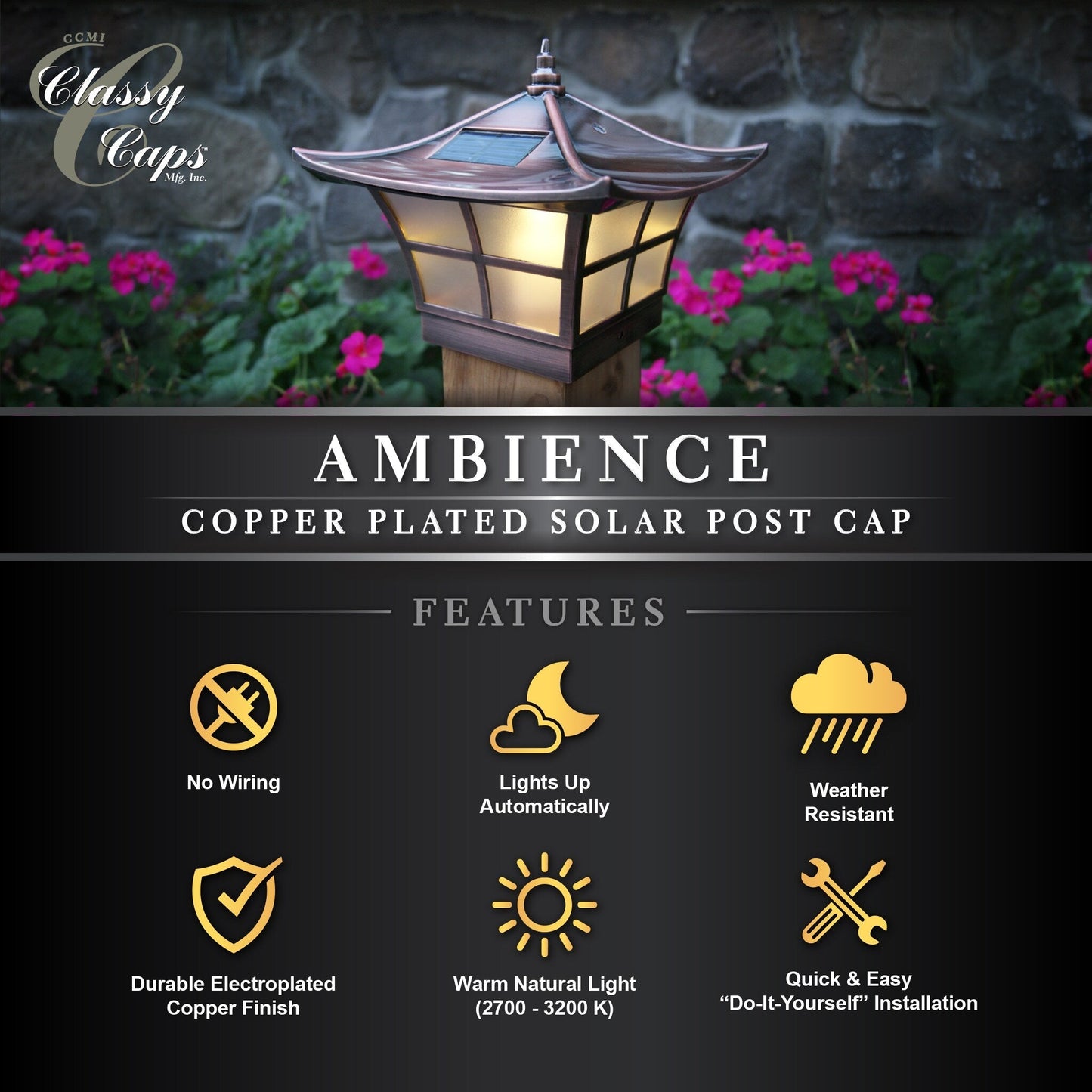 Classy Caps 4-in x 4-in 6-Lumen 1-Watt Electroplated Copper Solar LED Outdoor Post Cap Light (3000 K)
