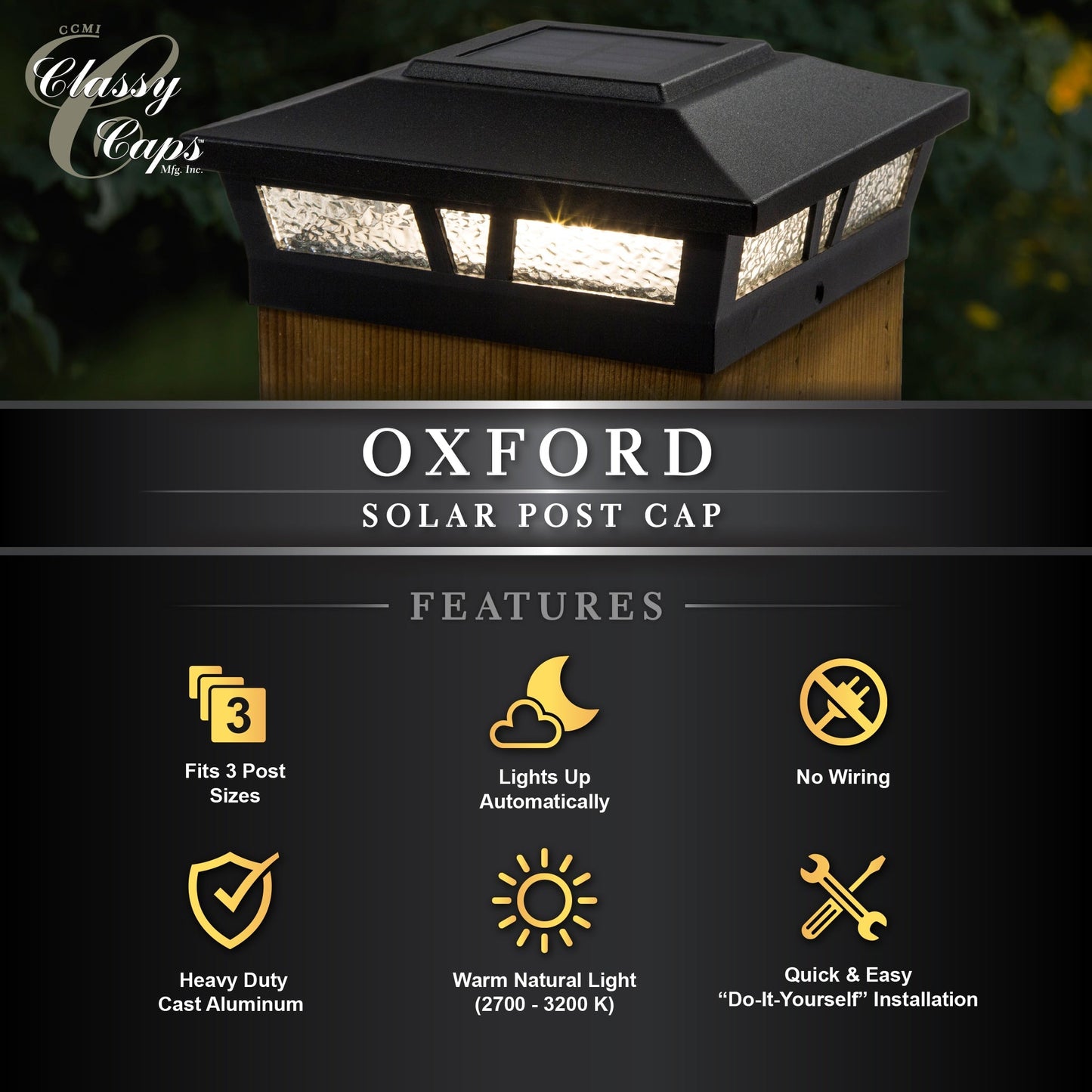 Classy Caps 6-in x 6-in 10-Lumen 0.2-Watt Black Solar LED Outdoor Post Cap Light (2700 K)