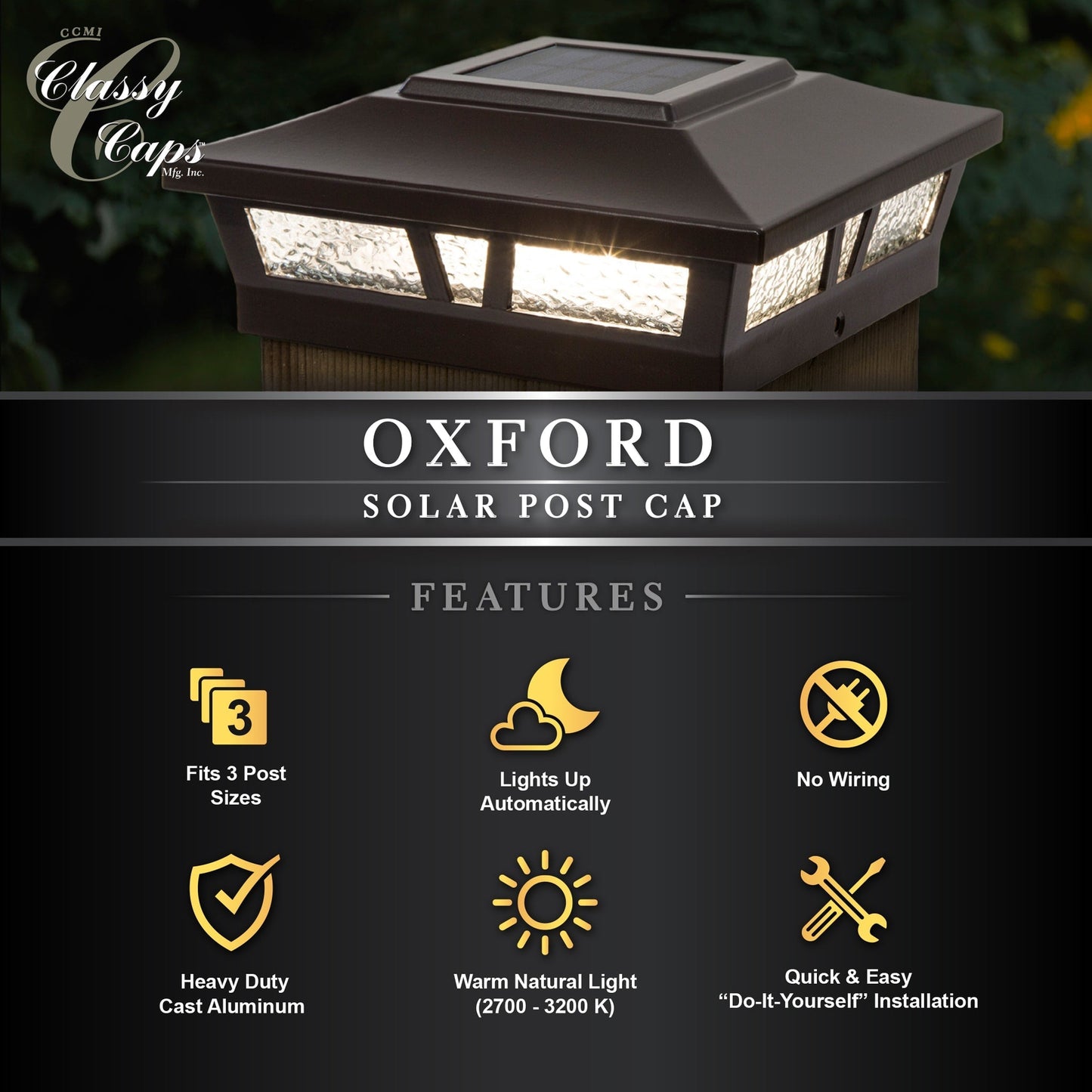 Classy Caps 6-in x 6-in 10-Lumen 1-Watt Brown Solar LED Outdoor Post Cap Light (2700 K)