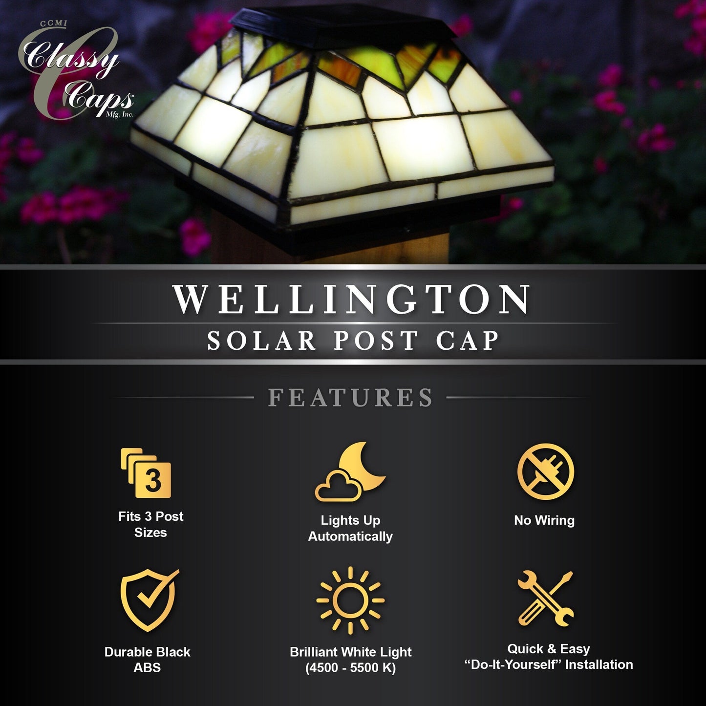 Classy Caps 5-in x 5-in 10-Lumen 1-Watt Stained Glass Solar LED Outdoor Post Cap Light (4100 K)