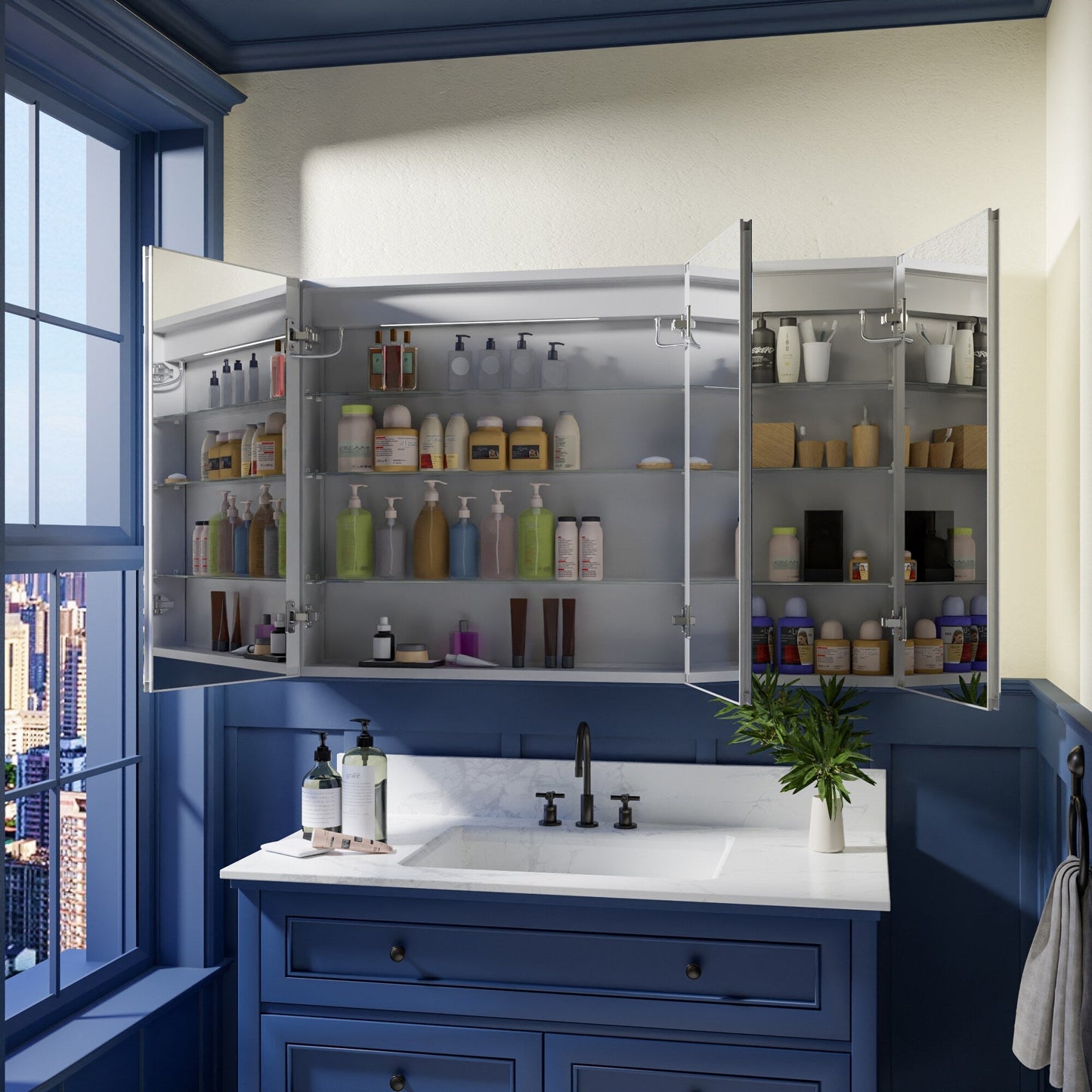 ExBrite 48-in x 32-in Lighted LED Fog Free Surface/Recessed Mount Silver Mirrored Soft Close Medicine Cabinet with Outlet