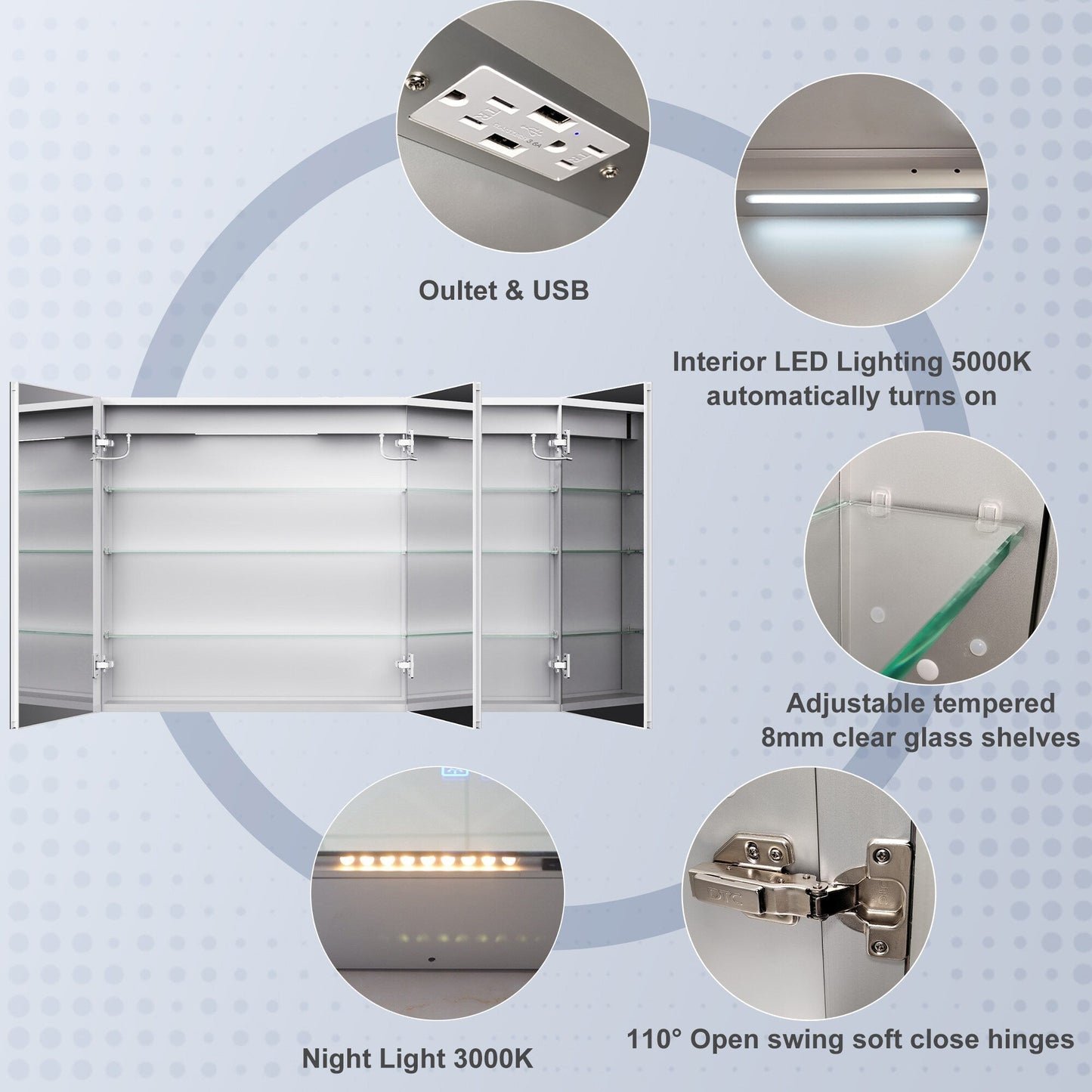 ExBrite 48-in x 32-in Lighted LED Fog Free Surface/Recessed Mount Silver Mirrored Soft Close Medicine Cabinet with Outlet
