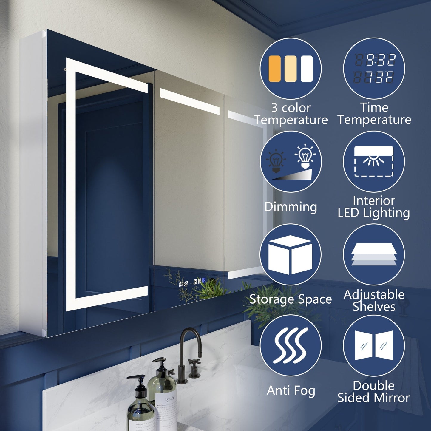 ExBrite 48-in x 32-in Lighted LED Fog Free Surface/Recessed Mount Silver Mirrored Soft Close Medicine Cabinet with Outlet