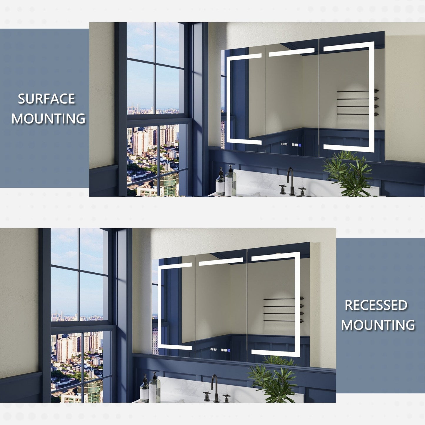 ExBrite 48-in x 32-in Lighted LED Fog Free Surface/Recessed Mount Silver Mirrored Soft Close Medicine Cabinet with Outlet