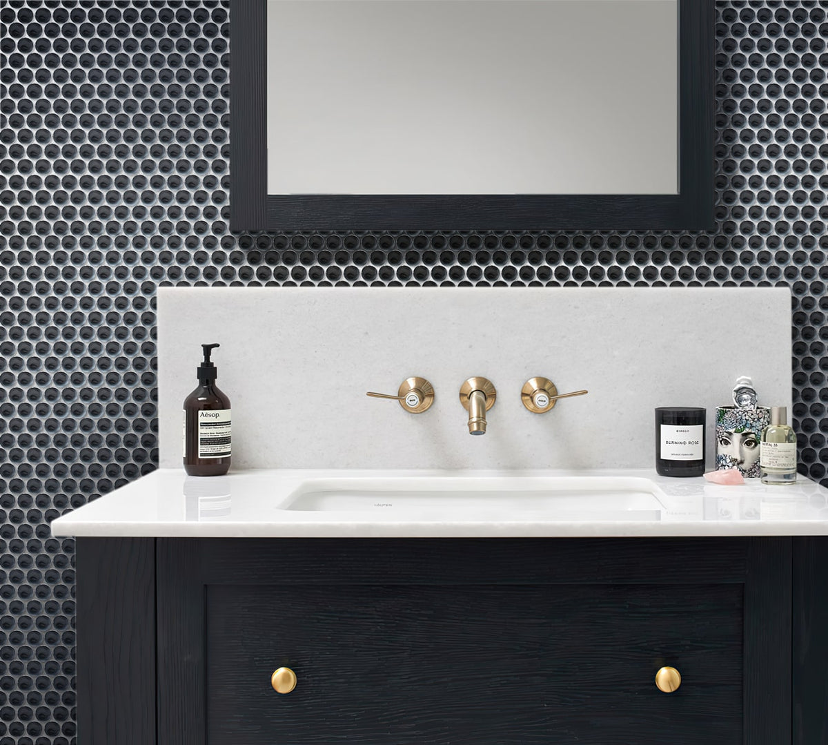 Apollo Tile (Sample) Colorway Black 4-in x 4-in Glossy Glass Penny Round Mosaic Floor and Wall Tile