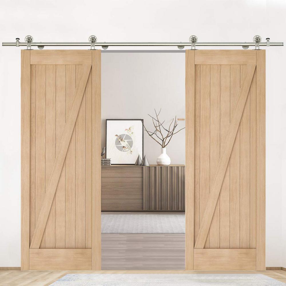 8 ft./96 in. Stainless Steel Sliding Spoke Wheel Barn Door Hardware Kit for Double Door with Non-Routed Floor Guide - Super Arbor