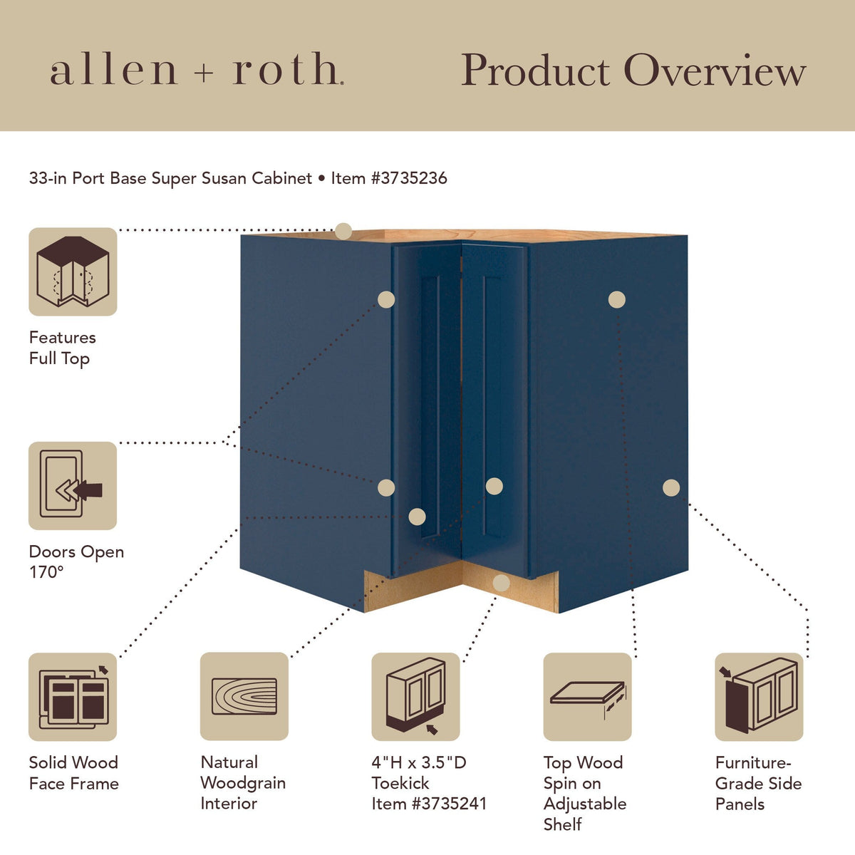 allen + roth Port 33-in W x 34.5-in H x 24-in D Navy Lazy Susan Corner Base Fully Assembled Cabinet (Flat Panel Shaker Style)