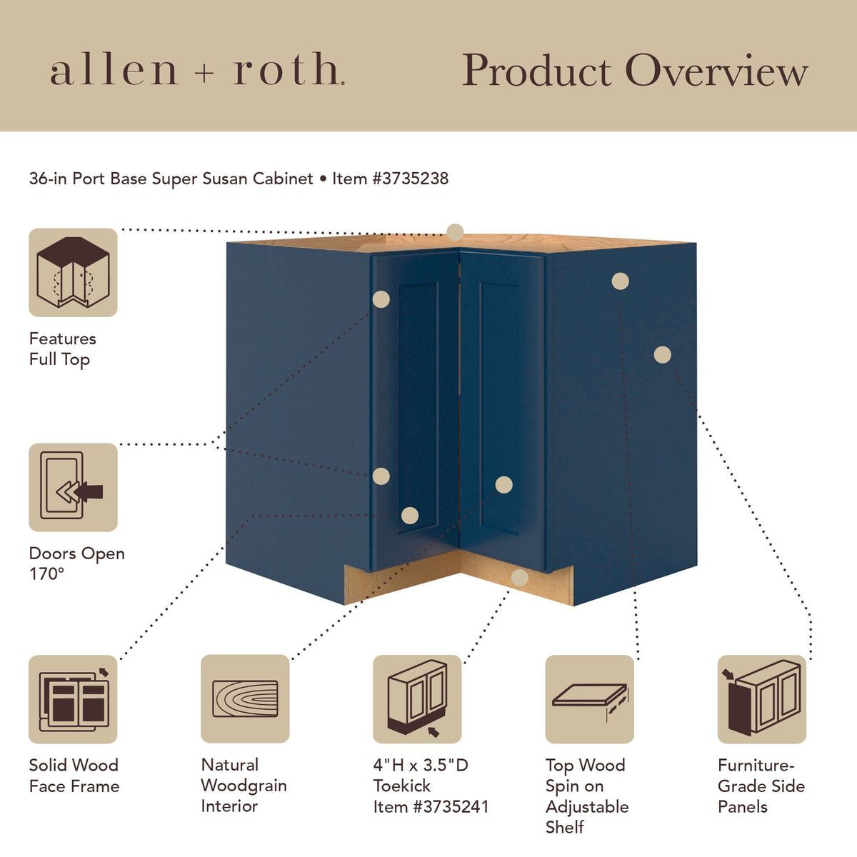 allen + roth Port 36-in W x 34.5-in H x 24-in D Navy Lazy Susan Corner Base Fully Assembled Cabinet (Flat Panel Shaker Style)