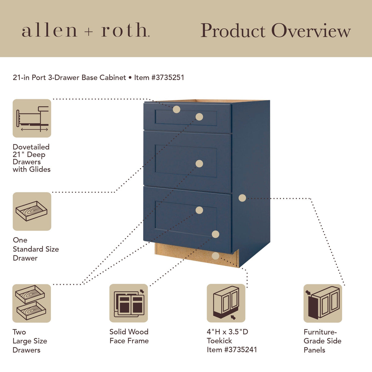 allen + roth Port 21-in W x 34.5-in H x 24-in D Navy 3-Drawer Base Fully Assembled Cabinet (Flat Panel Style)