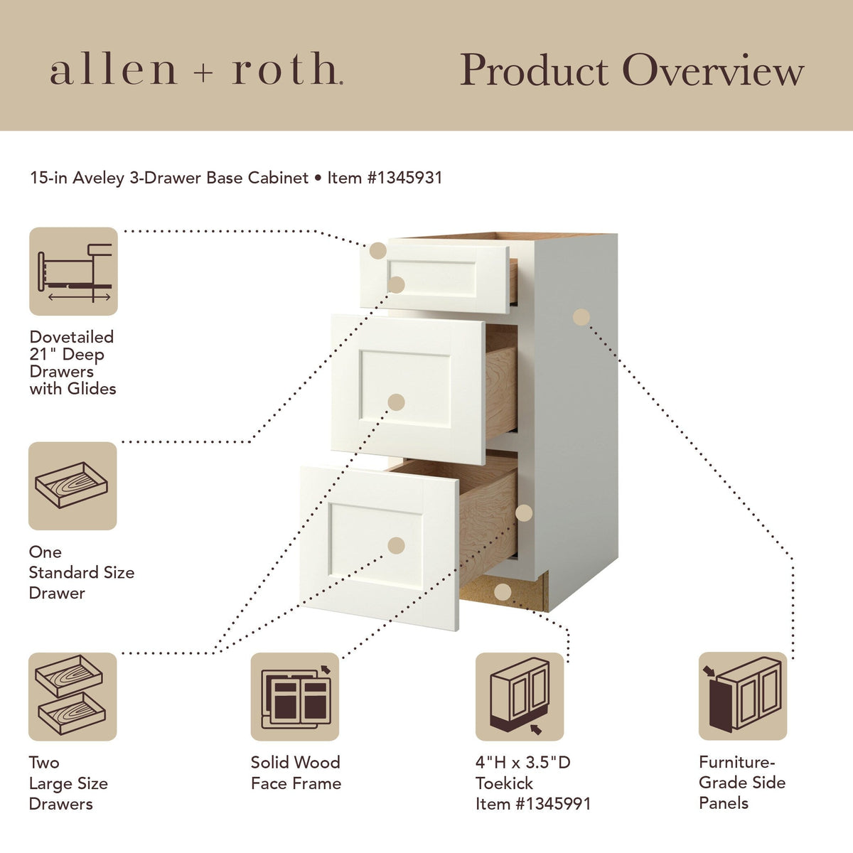 allen + roth Aveley 15-in W x 34.5-in H x 24-in D Linen 3-Drawer Base Fully Assembled Cabinet (Flat Panel Style)