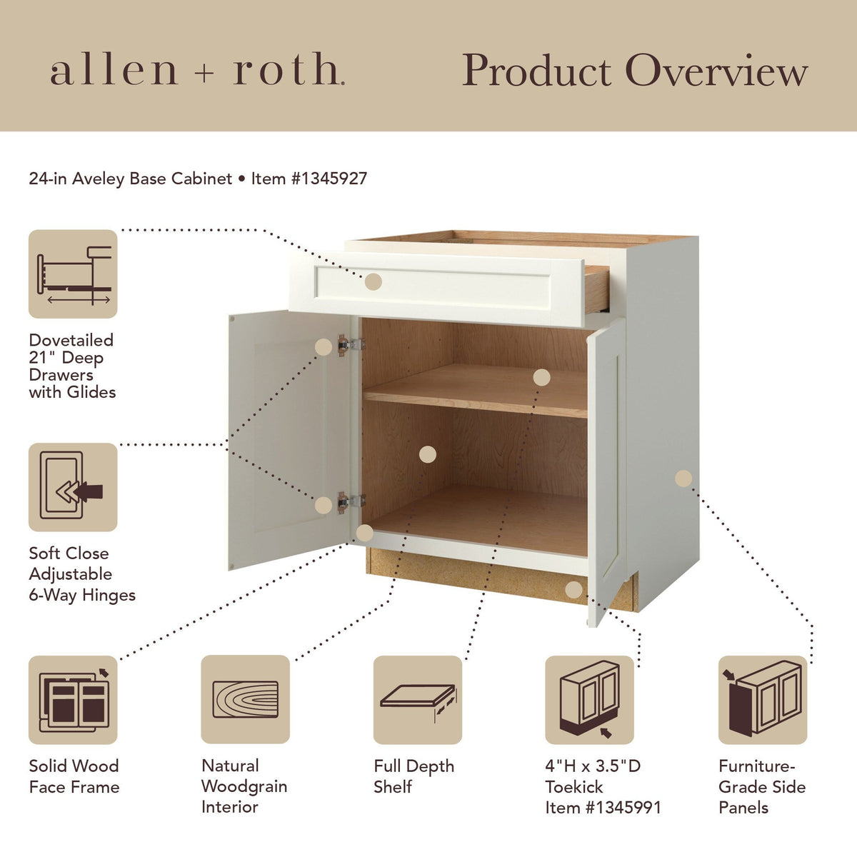 allen + roth Aveley 24-in W x 34.5-in H x 24-in D Linen 1-Drawer Base Fully Assembled Cabinet (Flat Panel Shaker Style)