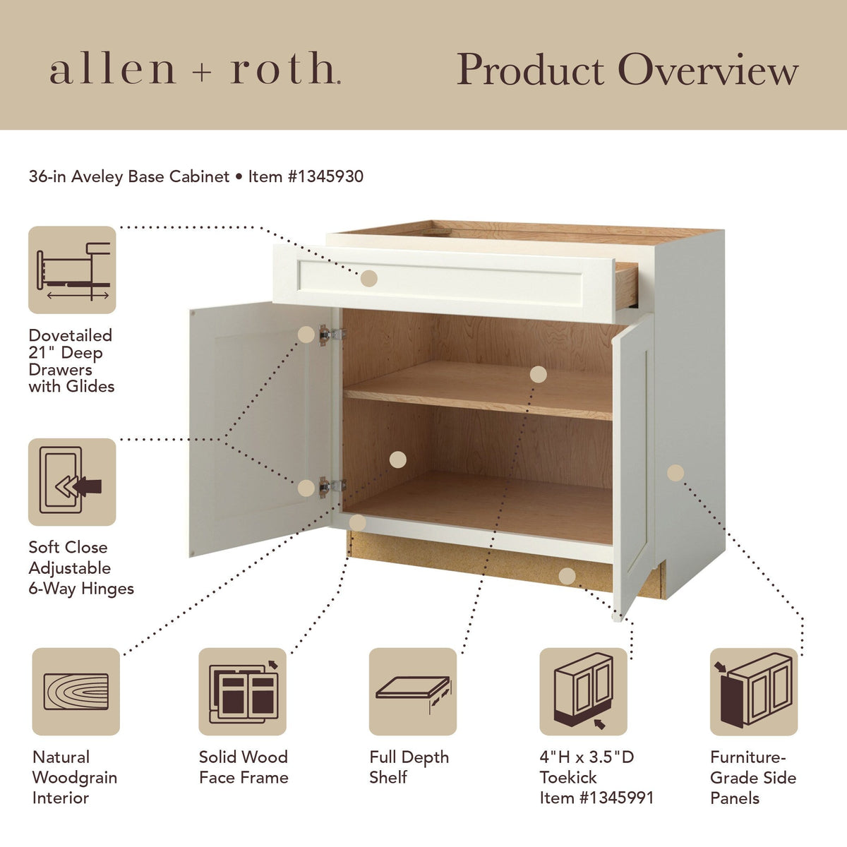 allen + roth Aveley 36-in W x 34.5-in H x 24-in D Linen 1-Drawer Base Fully Assembled Cabinet (Flat Panel Shaker Style)