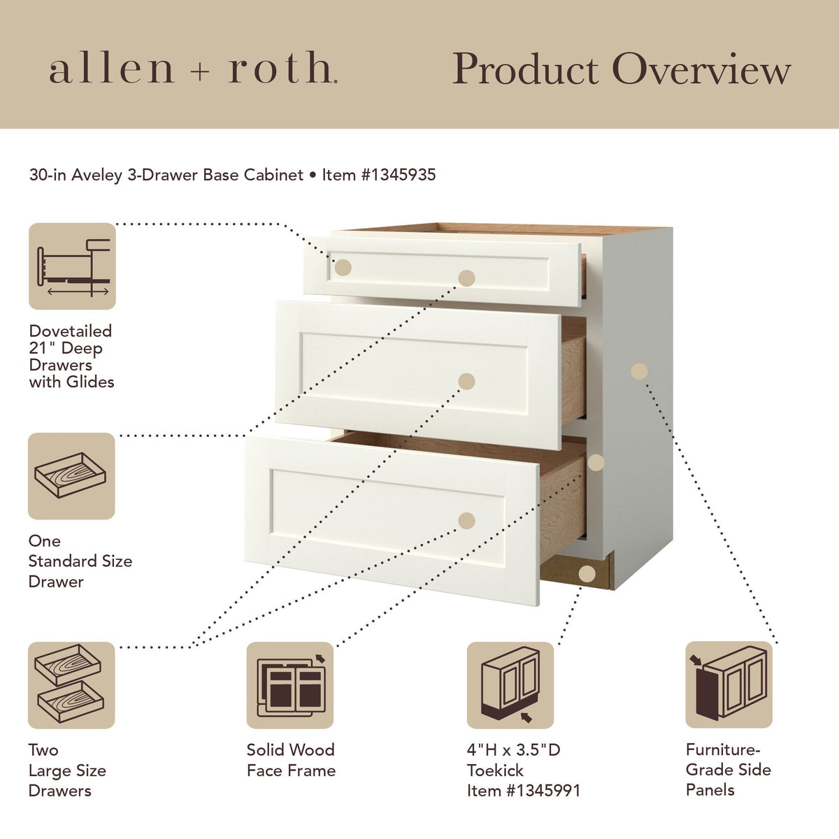 allen + roth Aveley 30-in W x 34.5-in H x 24-in D Linen 3-Drawer Base Fully Assembled Cabinet (Flat Panel Style)
