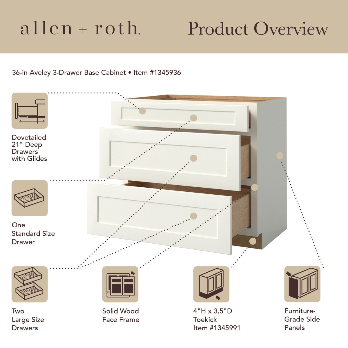 allen + roth Aveley 36-in W x 34.5-in H x 24-in D Linen 3-Drawer Base Fully Assembled Cabinet (Flat Panel Style)