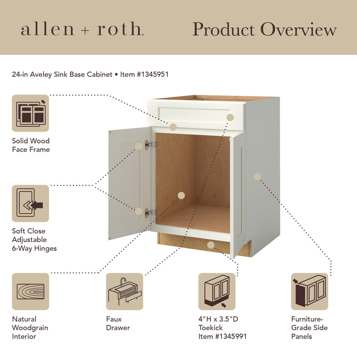 allen + roth Aveley 24-in W x 34.5-in H x 24-in D Linen Sink Base Fully Assembled Cabinet (Flat Panel Shaker Style)