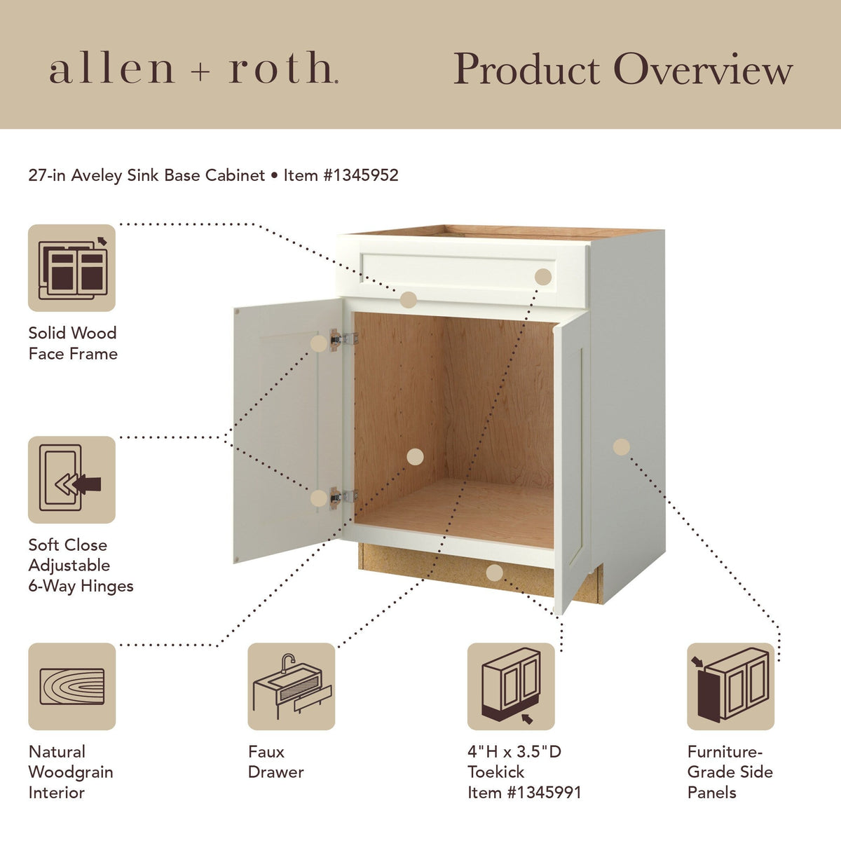 allen + roth Aveley 27-in W x 34.5-in H x 24-in D Linen Sink Base Fully Assembled Cabinet (Flat Panel Shaker Style)
