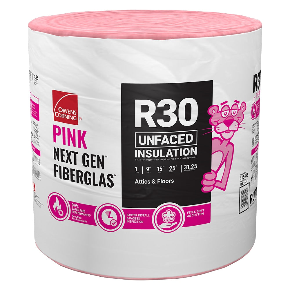 Owens Corning EcoTouch R-30 Unfaced Fiberglass Insulation Roll, 15 in W x 25 ft L, 31.25 sq ft Coverage