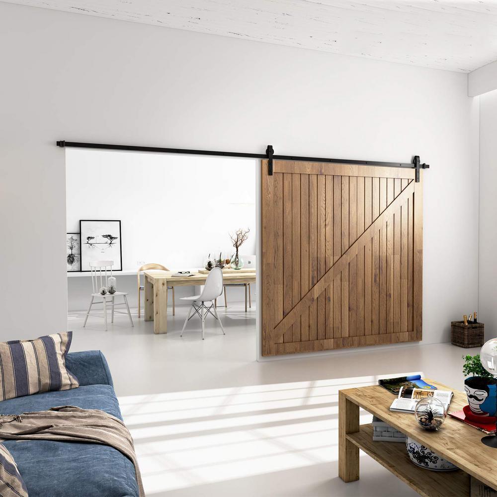 12 ft./144 in. Black Bent Strap Sliding Barn Door Track and Hardware Kit for Single Door with Floor Guide - Super Arbor