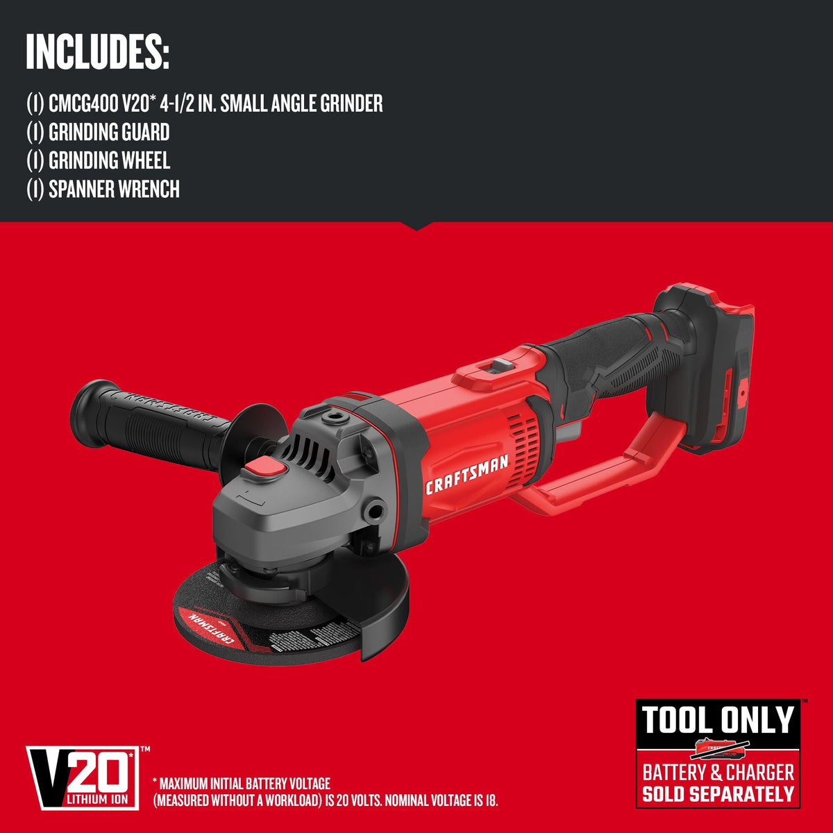 CRAFTSMAN V20 4.5-in 20-Volt Max Trigger Switch Cordless Angle Grinder