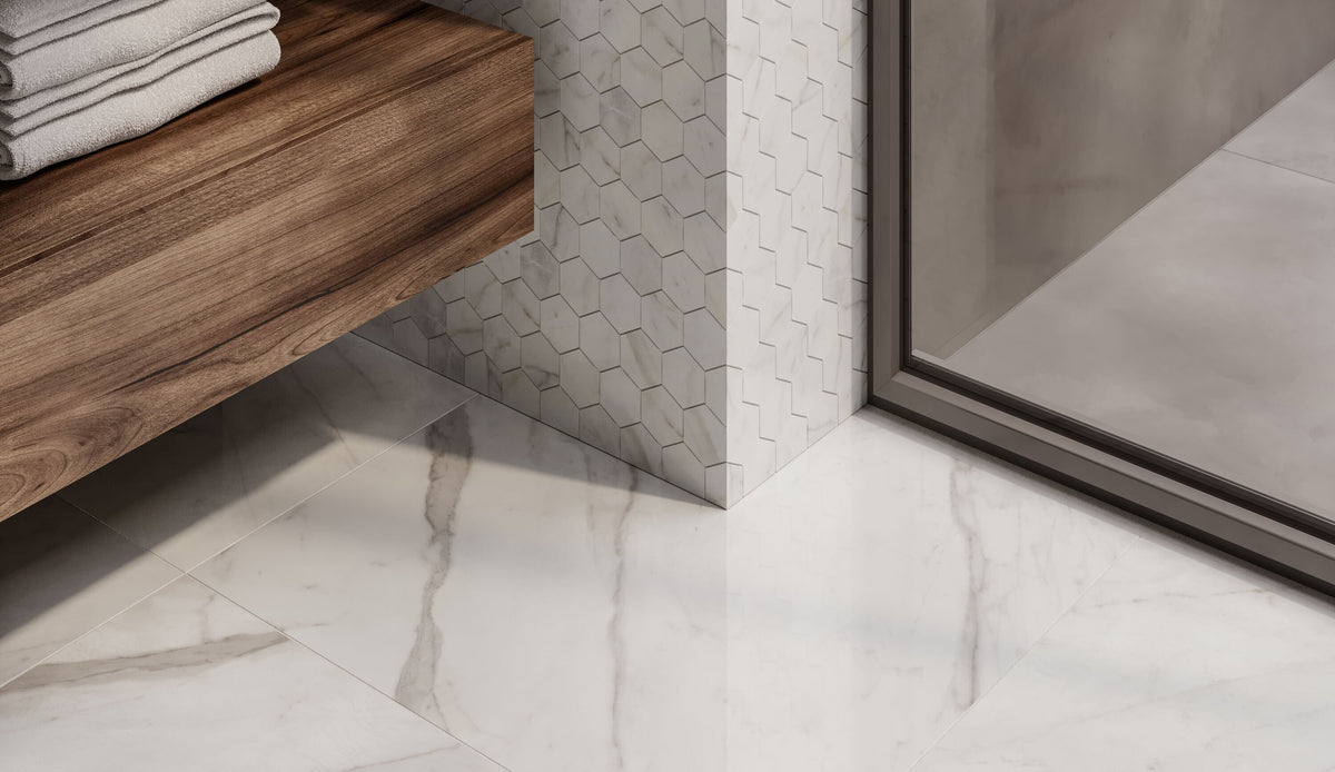 Satori Carrara Domani Polished 24-in x 24-in Polished Porcelain Marble Look Floor Tile