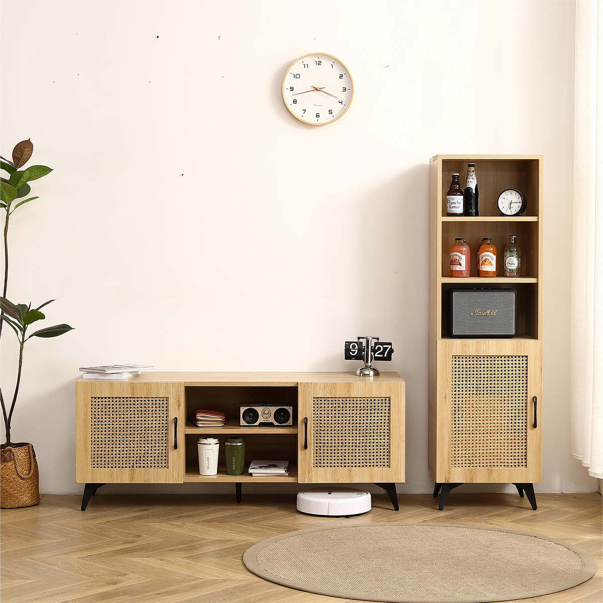 GZMR Rattan Mesh Side Cabinet Contemporary/Modern Oak Wood Sideboard
