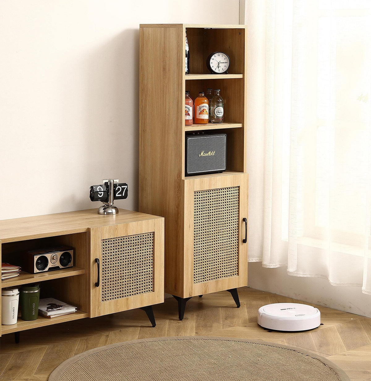 GZMR Rattan Mesh Side Cabinet Contemporary/Modern Oak Wood Sideboard