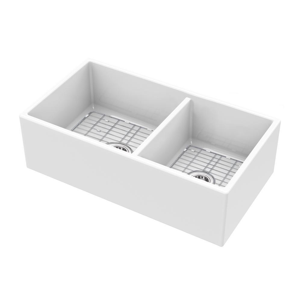 Farmhouse Apron Front Fireclay 33 in. 60/40 Double Bowl Kitchen Sink in White with Grids and Strainers - Super Arbor