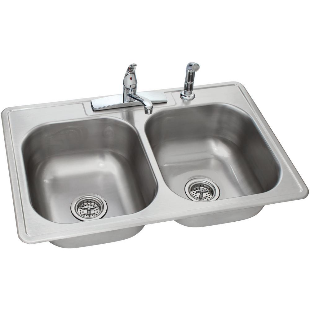 Swift Install All-in-One Drop-In Stainless Steel 33 in. 4-Hole Double Bowl Kitchen Sink Kit - Super Arbor