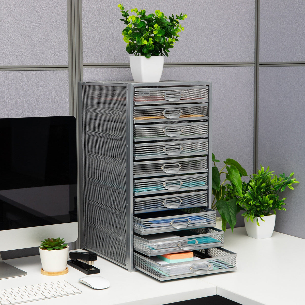 Mind Reader Silver Metal Mesh Desk Organizer with Pull-Out Drawers - Modern Design, Versatile and Easy to Organize