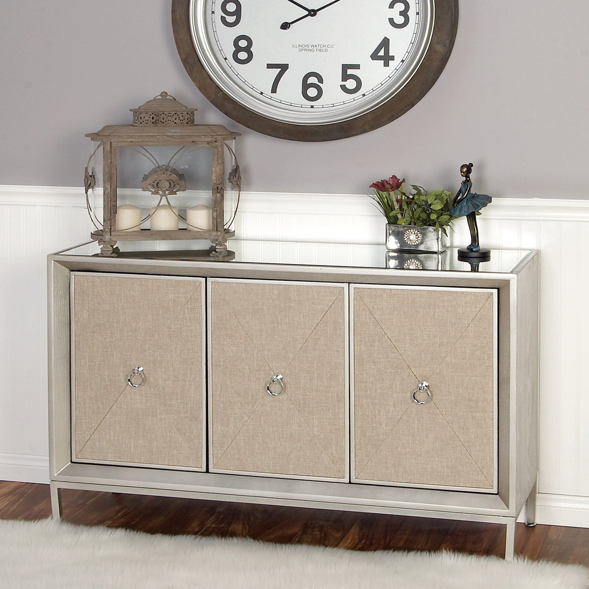 Grayson Lane Gray Upholstered Front Panel 1 Shelf and 3 Doors Accent Chest