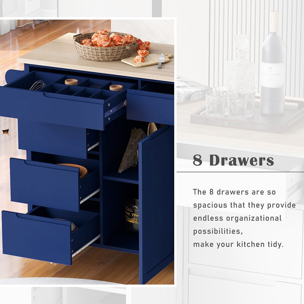Bybafun Blue Mdf Base with Wood Top Rolling Kitchen Cart (18.5-in x 53.1-in x 37-in)