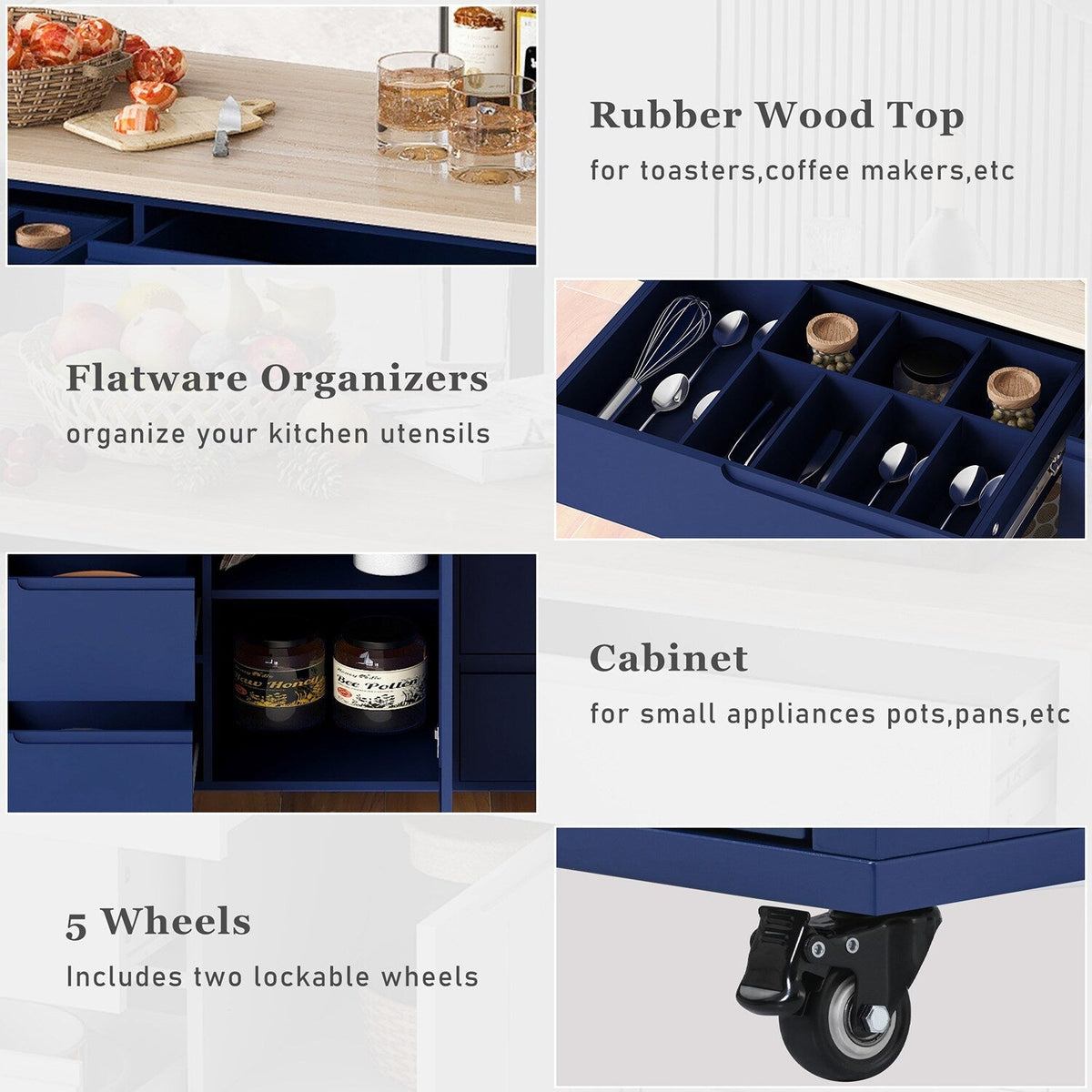 Bybafun Blue Mdf Base with Wood Top Rolling Kitchen Cart (18.5-in x 53.1-in x 37-in)