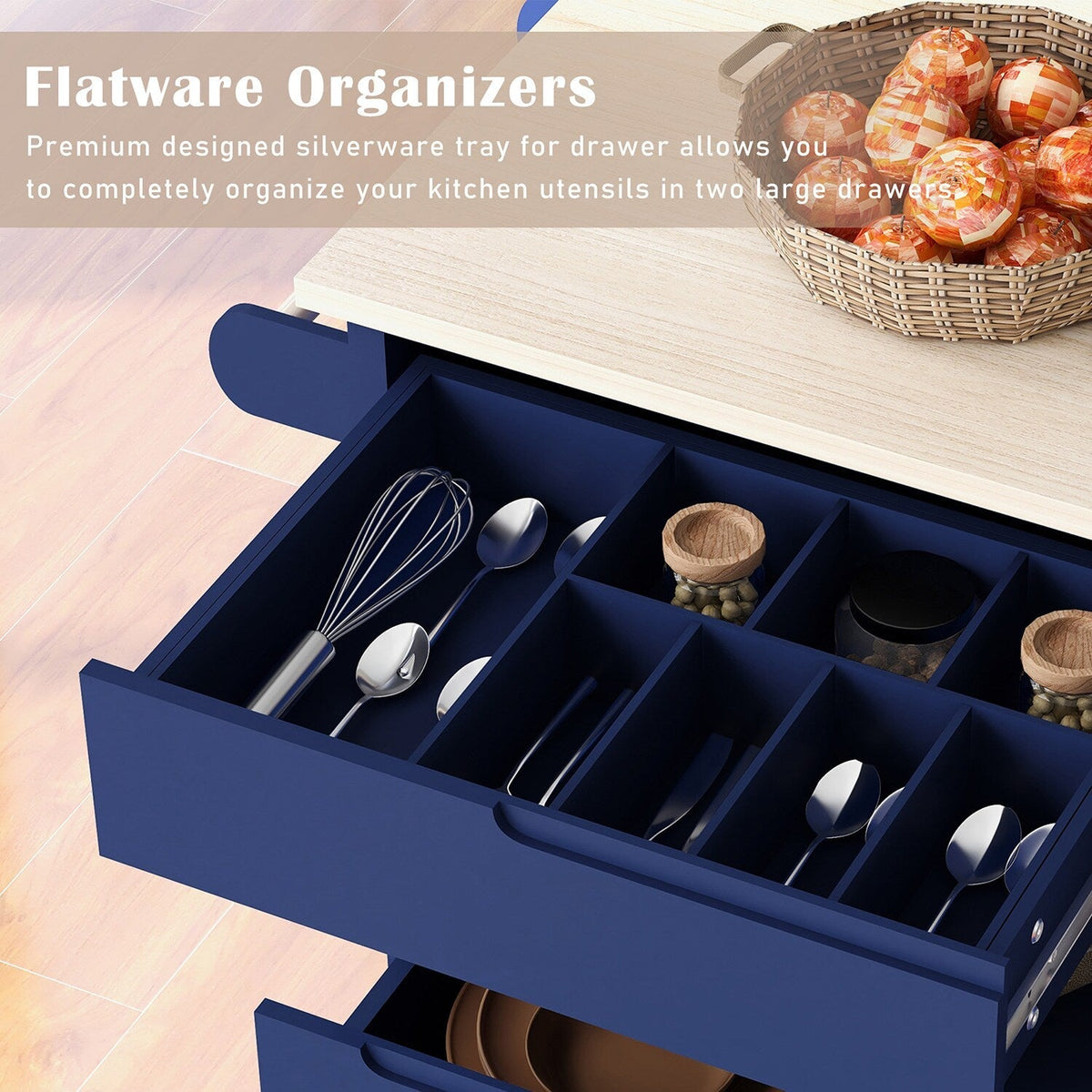 Bybafun Blue Mdf Base with Wood Top Rolling Kitchen Cart (18.5-in x 53.1-in x 37-in)