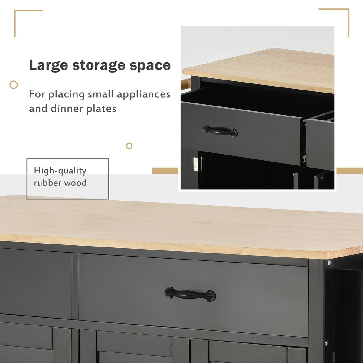 Bybafun Black Mdf Base with Wood Top Rolling Kitchen Cart (18.5-in x 54.33-in x 36.22-in)