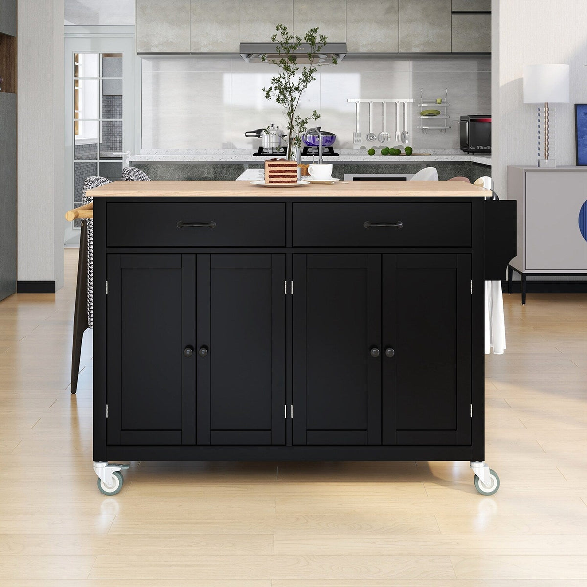 Bybafun Black Mdf Base with Wood Top Rolling Kitchen Cart (18.5-in x 54.33-in x 36.22-in)