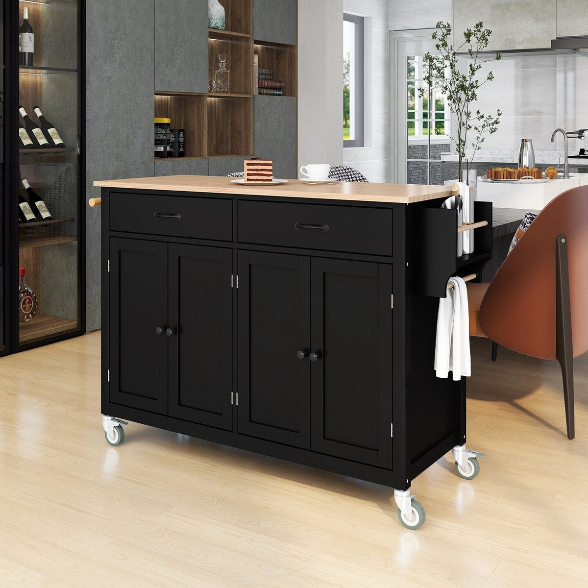 Bybafun Black Mdf Base with Wood Top Rolling Kitchen Cart (18.5-in x 54.33-in x 36.22-in)
