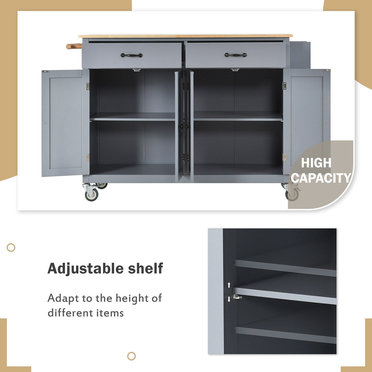 Bybafun Gray Mdf Base with Wood Top Rolling Kitchen Cart (18.5-in x 54.33-in x 36.22-in)