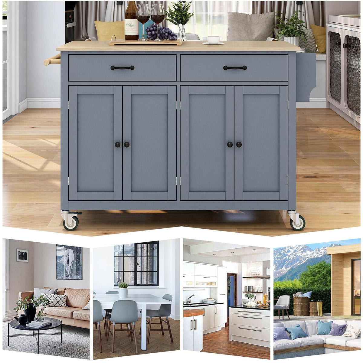 Bybafun Gray Mdf Base with Wood Top Rolling Kitchen Cart (18.5-in x 54.33-in x 36.22-in)