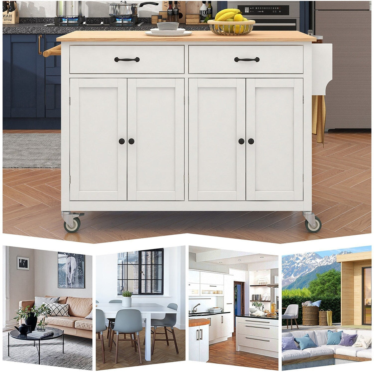 Bybafun White Mdf Base with Wood Top Rolling Kitchen Cart (18.5-in x 54.33-in x 36.22-in)