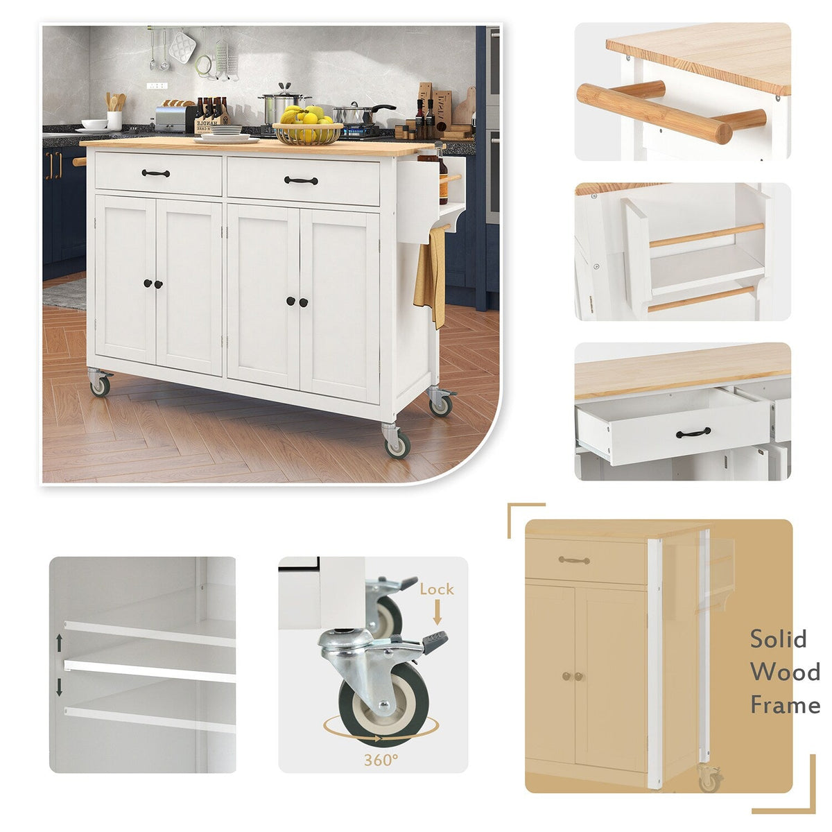 Bybafun White Mdf Base with Wood Top Rolling Kitchen Cart (18.5-in x 54.33-in x 36.22-in)