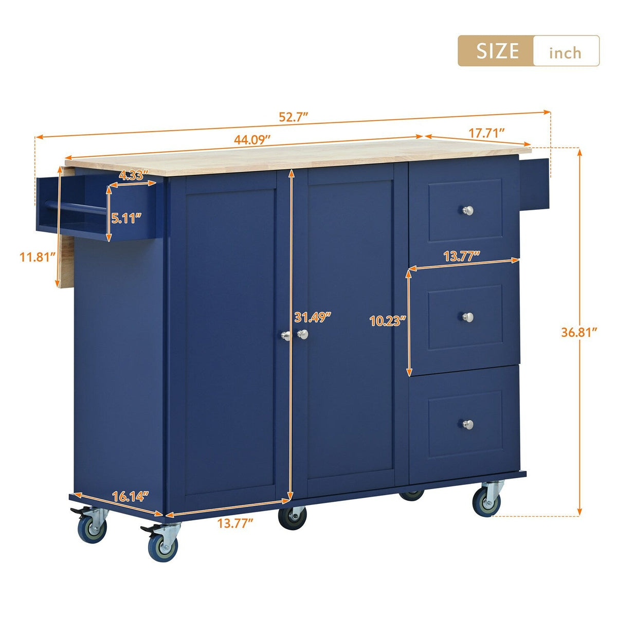 Bybafun Blue Mdf Base with Wood Top Rolling Kitchen Cart (29.5-in x 52.76-in x 36.81-in)