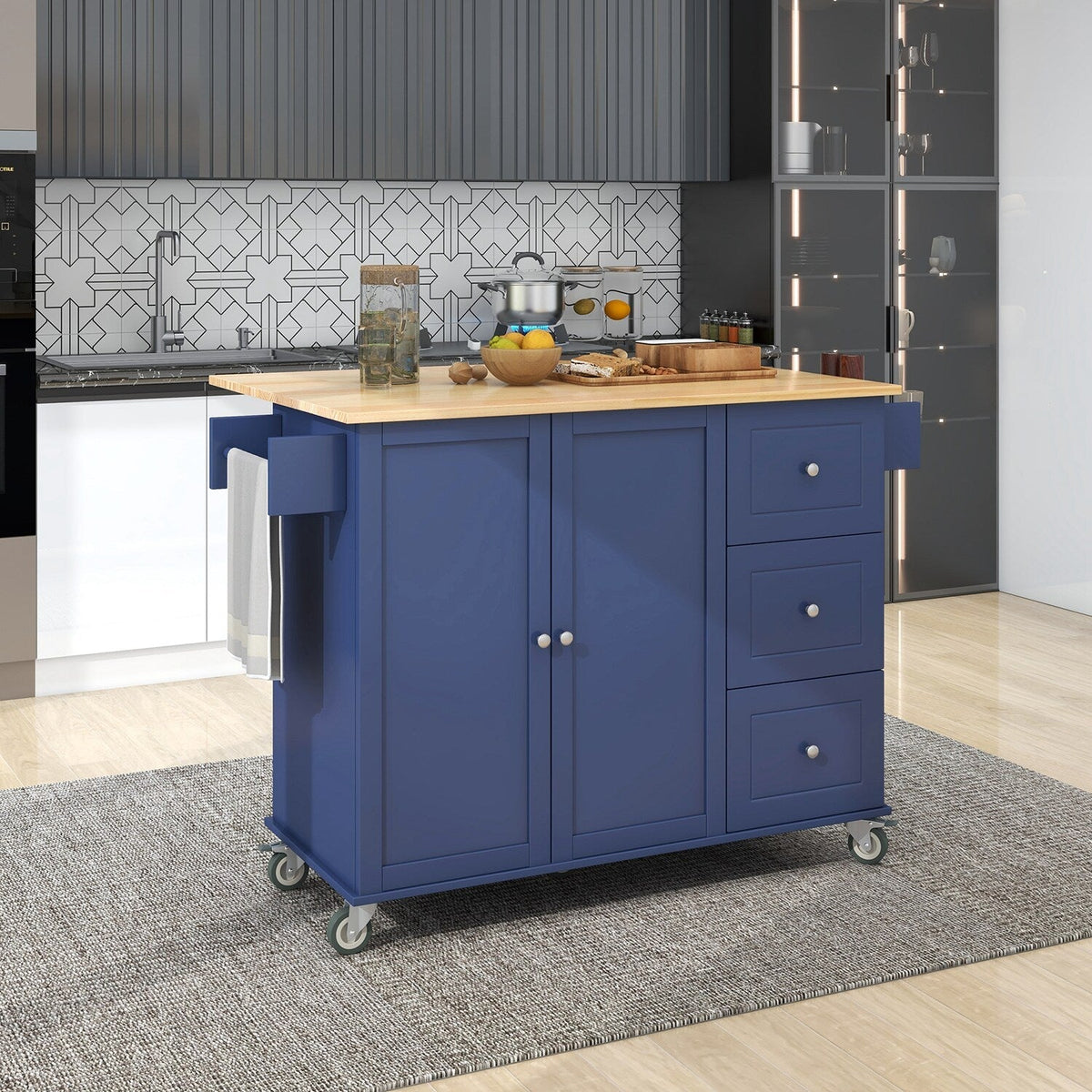 Bybafun Blue Mdf Base with Wood Top Rolling Kitchen Cart (29.5-in x 52.76-in x 36.81-in)